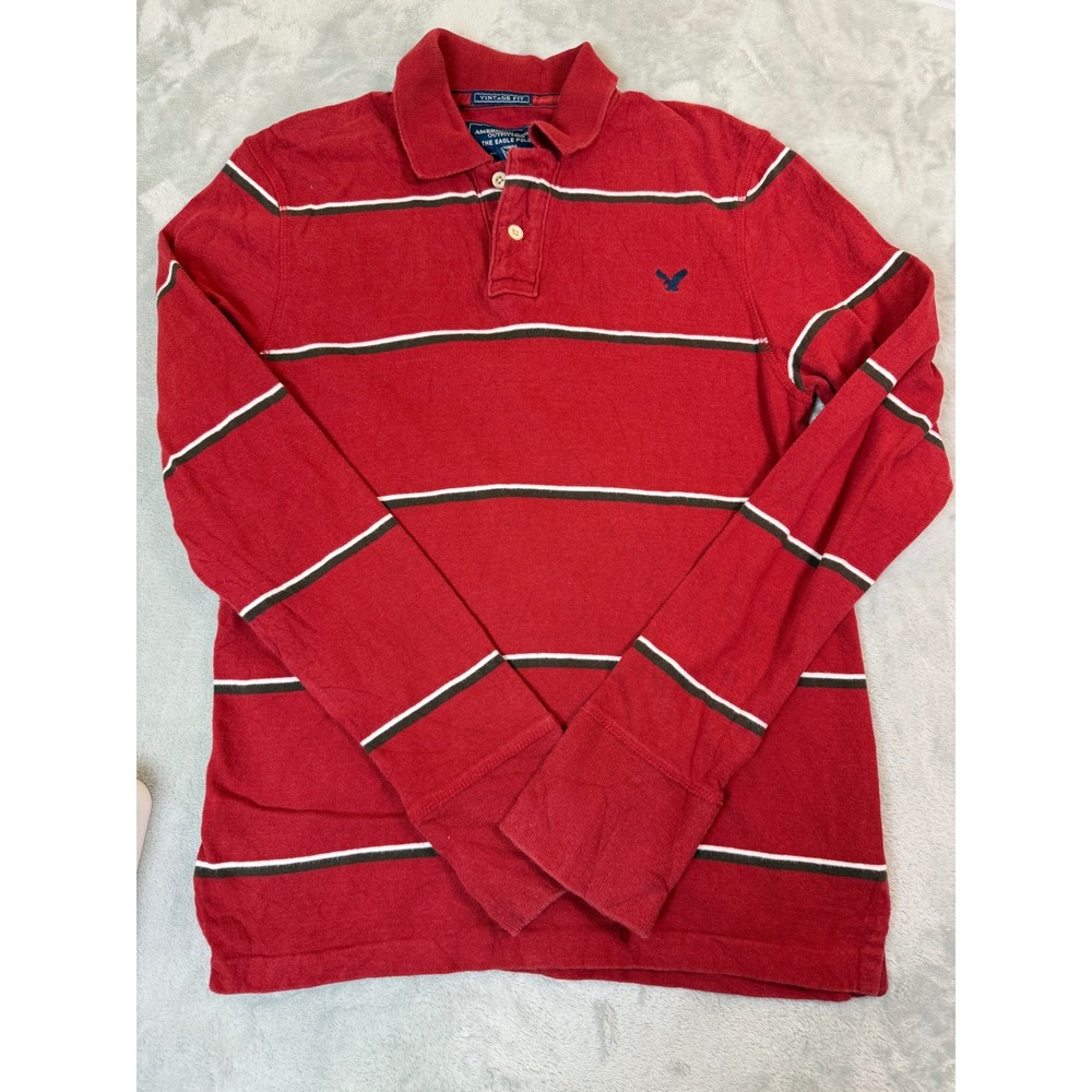 AMERICAN EAGLE Vintage Polo Mens Small Red Striped Long Sleeve Rugby Shirt Y2K